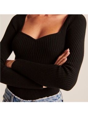 Abercrombie & Fitch Black Ribbed Sweetheart Neck Bodysuit XS Soft Knit